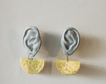 hammered brass stamped earrings | half moon earring | brass textured earrings | iheartmies | portland | hammered brass earring