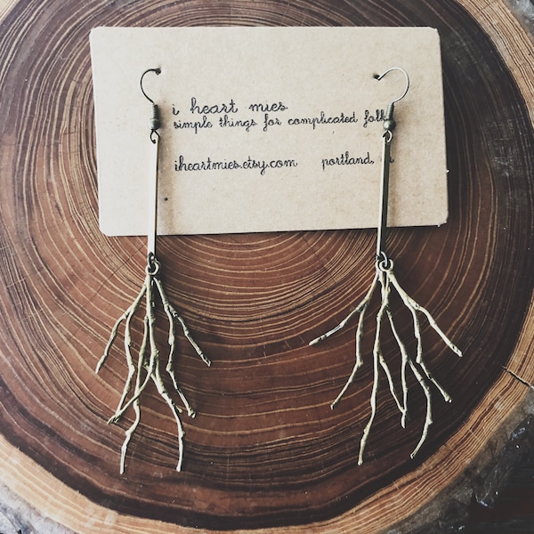 nature inspired brass branch earrings | drop dangle mobile style | plants twigs sticks trees organic shapes | iheartmies | portland oregon