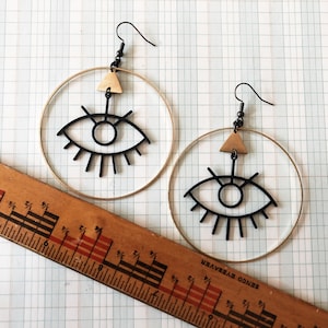 big hoop evil eye earrings | gift for teen | golden eye earrings | eyelash eyeball earrings | mixed metal hoop earring | brass and black