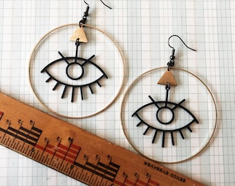 big hoop evil eye earrings | gift for teen | golden eye earrings | eyelash eyeball earrings | mixed metal hoop earring | brass and black