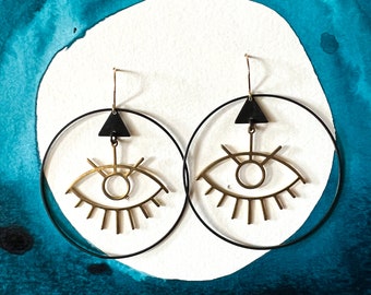 evil eye hoop earrings | good luck gift | golden eye earrings | eyelash eyeball earrings | brass and black | iheartmies portland oregon