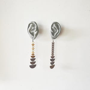 long drop dangle brass earrings | moon phase bronze earring | golden half moons lunar semi circular jewelry | portland oregon | iheartmies