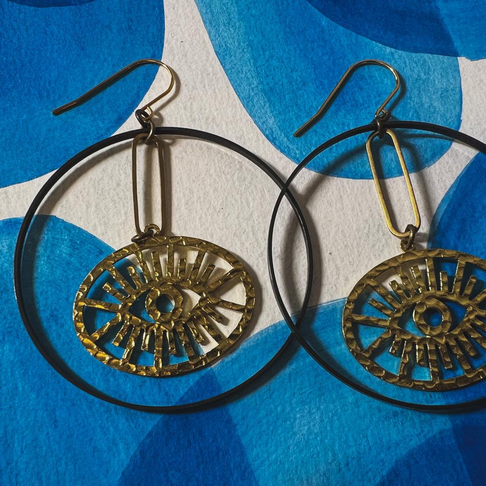 large black hoop evil eye earrings | gift for teen | golden eye eyelash eyeball earrings | mixed metal hoop earring | brass and black