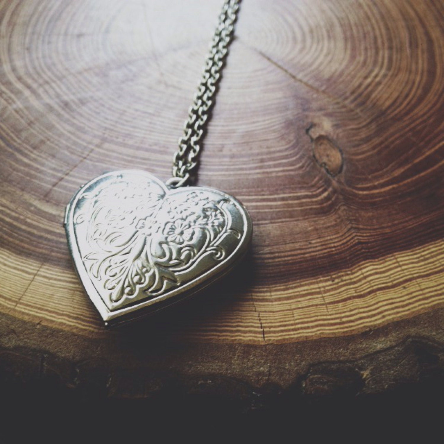 Long Locket Necklace Silver Heart 