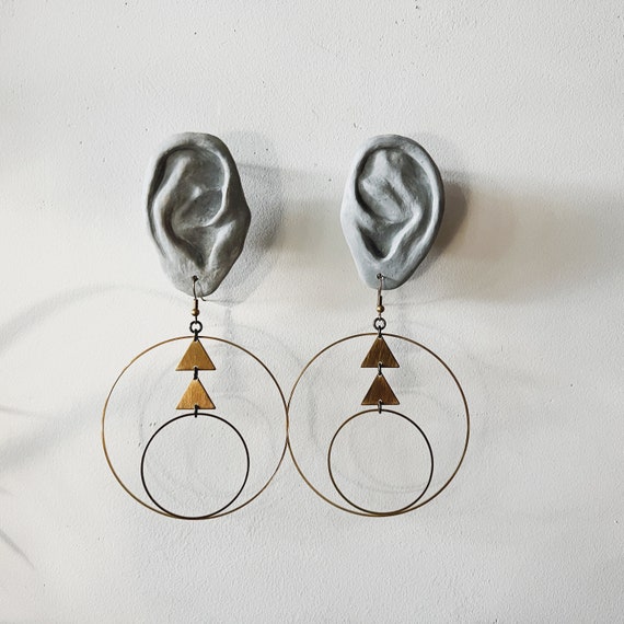 large brass hoop earrings triangles | multi hoop design | modern minimalist drop dangle | iheartmies portland oregon | statement mobile