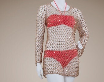 Crochet Fishnet Tunic, Beige Gold Sequined Knitted dress, Summer mesh tunic, sparkly mini dress, Sequined outfit, Cover-up bling slip