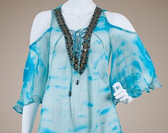 Caftan en soie tie-dye pour femme, caftan turquoise, robes tie-dye, tenues de villégiature, croisière, caftan de festival, caftan d'été de plage, boutique des fêtes