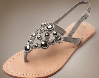 Leather Suede Sandals, comfy Soft suede in grey with matching large Rhinestones, women's summer flat sandals, Handcrafted jewelled footwear