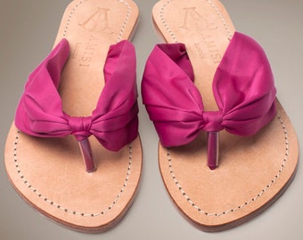 Fuchsia Satin Sandals, Elegant Bow Sandals, Classic slip-on sandals, Leather sandals, Wedding sandals, Summer Sandals, holiday shop.