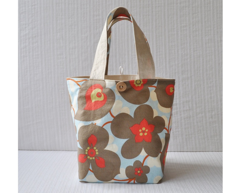 Blue and Gray Floral Tote Simple Lunch Bag Knitting Project Bag