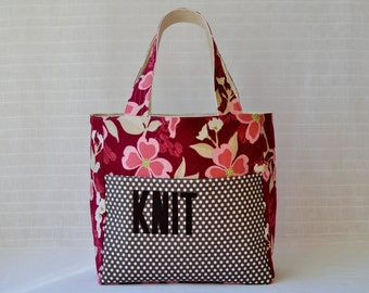 Large Stand Up Knitting Tote - Dogwood Bloom in Berry - Knitting Bag - Canvas Bag - Custom Bag - GIft for Her - Gift for Knitter