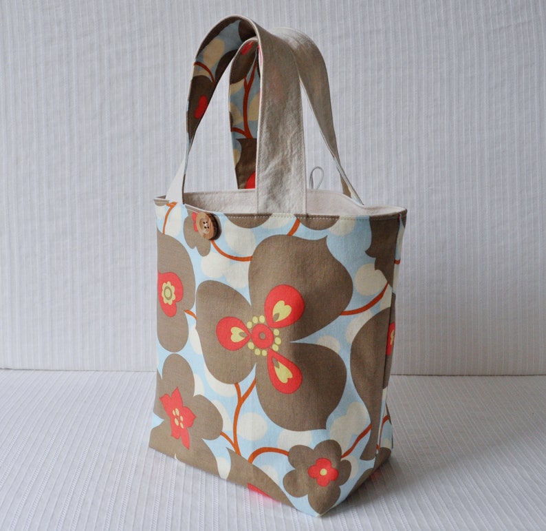 Blue and Gray Floral Tote Simple Lunch Bag Knitting Project Bag