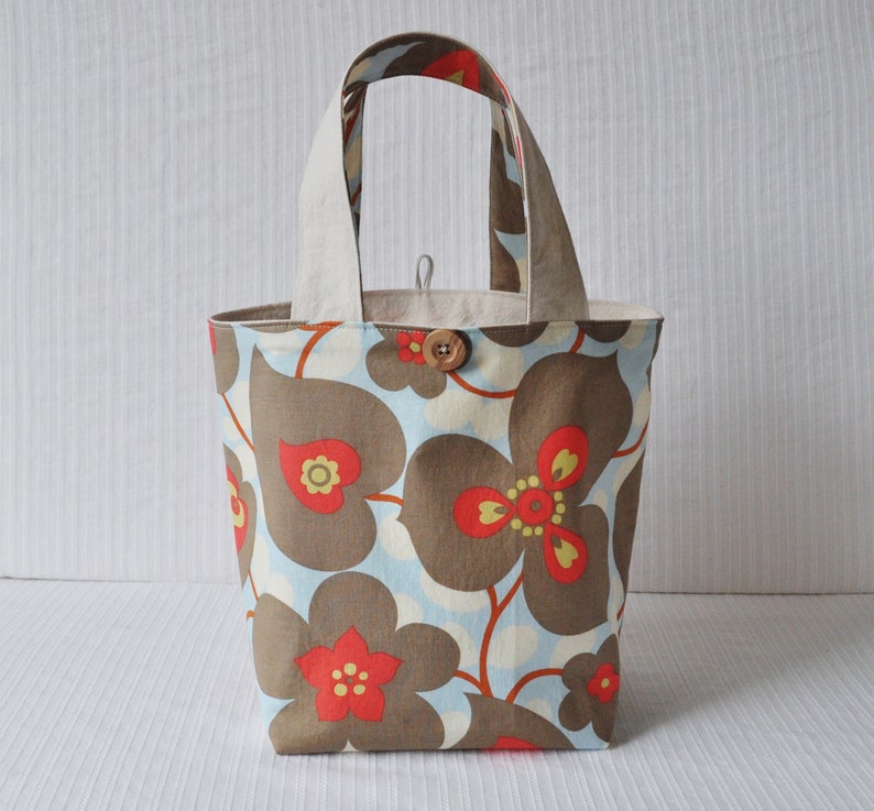 Blue and Gray Floral Tote Simple Lunch Bag Knitting Project Bag