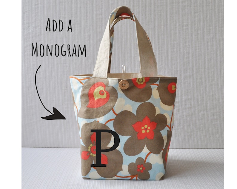 Blue and Gray Floral Tote Simple Lunch Bag Knitting Project Bag