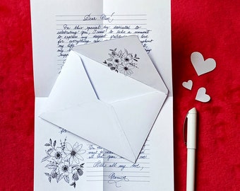 Papeterie imprimable florale A4, papier à lettre, avec enveloppe, noir et blanc, coloriage, écriture, beau pour la fête des mères, simple, mignon, doux