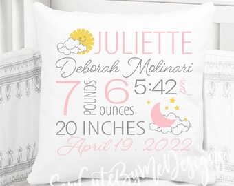 Girls Birth Announcement Pillow - Sun, Moon and Stars in Blush and Grey with Yellow - Birth Stats Pillow - New Script