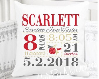 Girls Birth Announcement Pillow - Floral - Red Gold Grey - Birth Stats Pillow