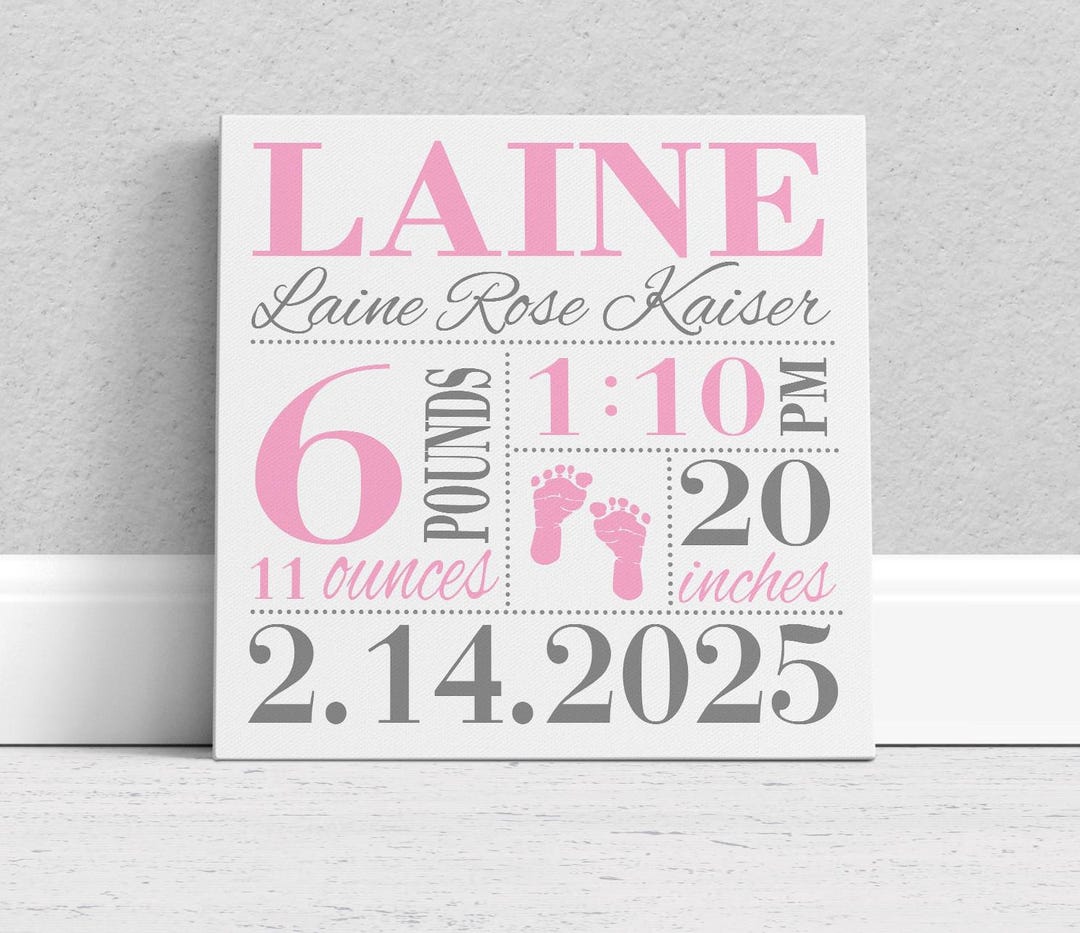 Pinkstats Signage Personalized Baby Girl Birth Stats Canvas Art - Pink Footprints Sign - Etsy