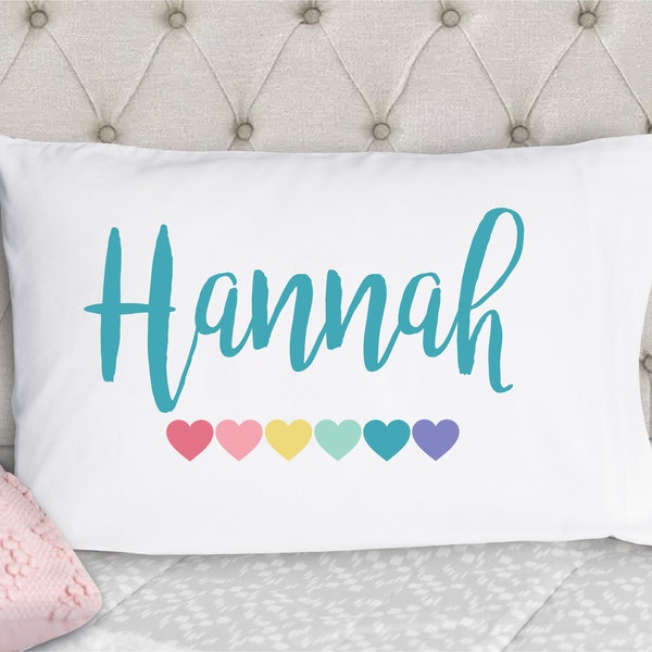 Personalized Girls Pillowcase - Rainbow Teal and Coral Hearts Pillowcase - Kids Pillow Case - Standard Size Pillowcase