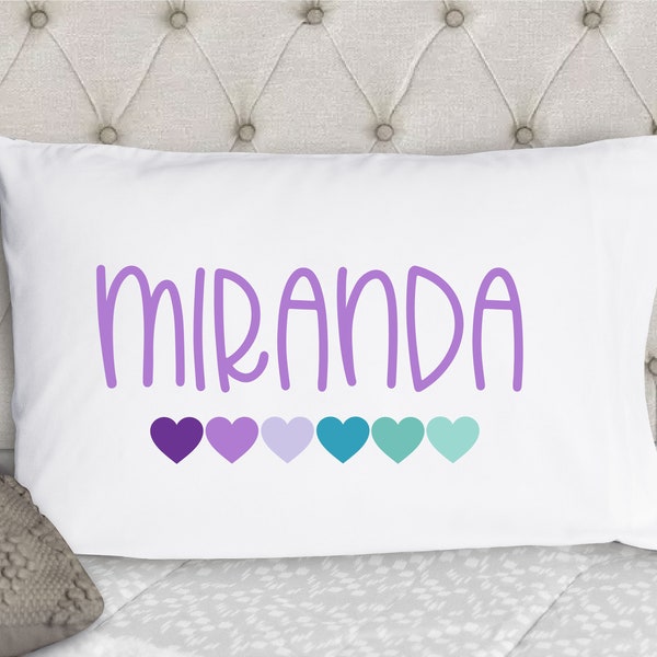 Personalized Girls Pillowcase - Rainbow Teal and Purple Hearts Pillowcase - Kids Pillow Case - Standard Size Pillowcase