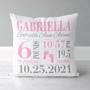 New Baby Gift - Personalized - Girls Birth Announcement Pillow - Footprints - Nursery Pillow - New Baby Gift - Personalized - Cotton