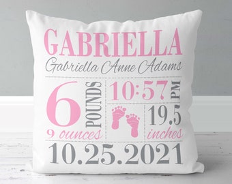 Personalized Birth Announcement Pillow: Girls Nursery Decor, Footprints, Baby Birth Stats Keepsake New Parents