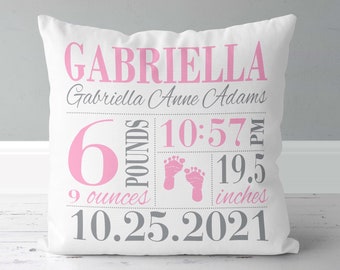 New Baby Gift - Personalized - Girls Birth Announcement Pillow - Footprints - Nursery Pillow - New Baby Gift - Personalized - Cotton