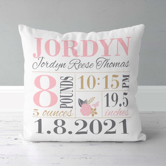 Personalized Floral Girls Birth Announcement Pillow: Baby Birth Stats Gift for New Parents