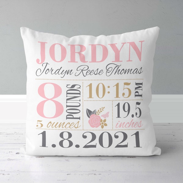 Girls Birth Announcement Pillow - Floral - Pink Gold Grey - Birth Stats Pillow - New Baby Gift - New Mom Gift - cotton