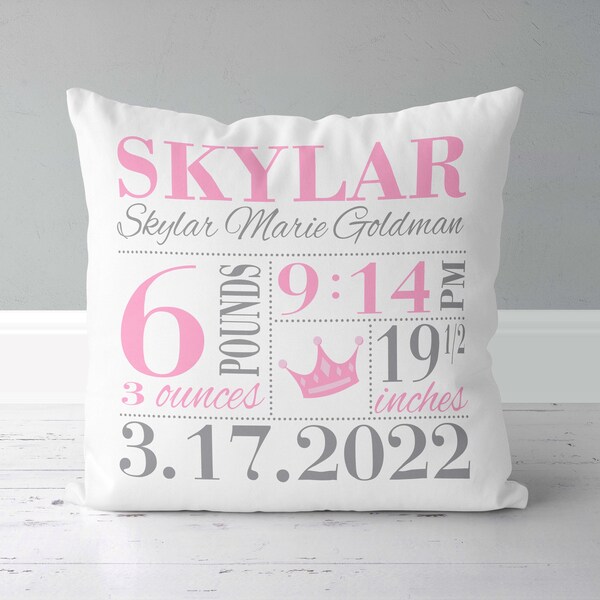 Girls Personalized Birth Announcement Pillow - Princess in pink and gray