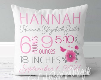 Girls Birth Announcement Pillow - Floral - Bubblegum Hot Pink and Greys - Birth Stats Pillow - New Script - cotton