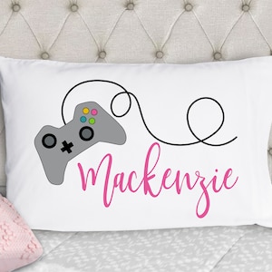 Personalized Gamer Girl Pillowcase: Video Game Controller, Pink Name
