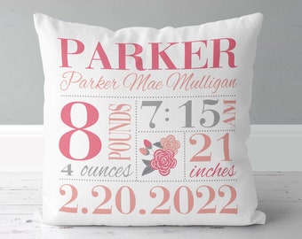 Girls Birth Announcement Pillow - Floral - Coral Peach and Grey - Birth Stats Pillow - New Baby Gift - New Mom Gift