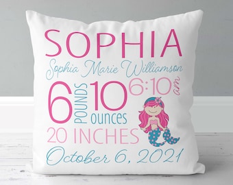 Girls Birth Announcement Pillow - Mermaid - Pink and Teal - Birth Stats Pillow - New Script