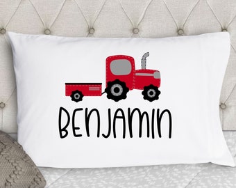 Personalized Boys Pillowcase - Tractor Pillow Case - RED - Kids Pillowcase - Pillow Cases