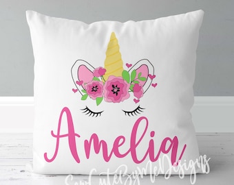 Girls Personalized Gift - 16 x 16 Cotton Pillow - Unicorn - Includes Pillow Cover AND Pillow Insert