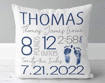 New Baby Gift - Personalized - Boys Birth Announcement Pillow - Navy Blue Footprints - Nursery Birth Stats Pillow - New Baby Gift - Cotton