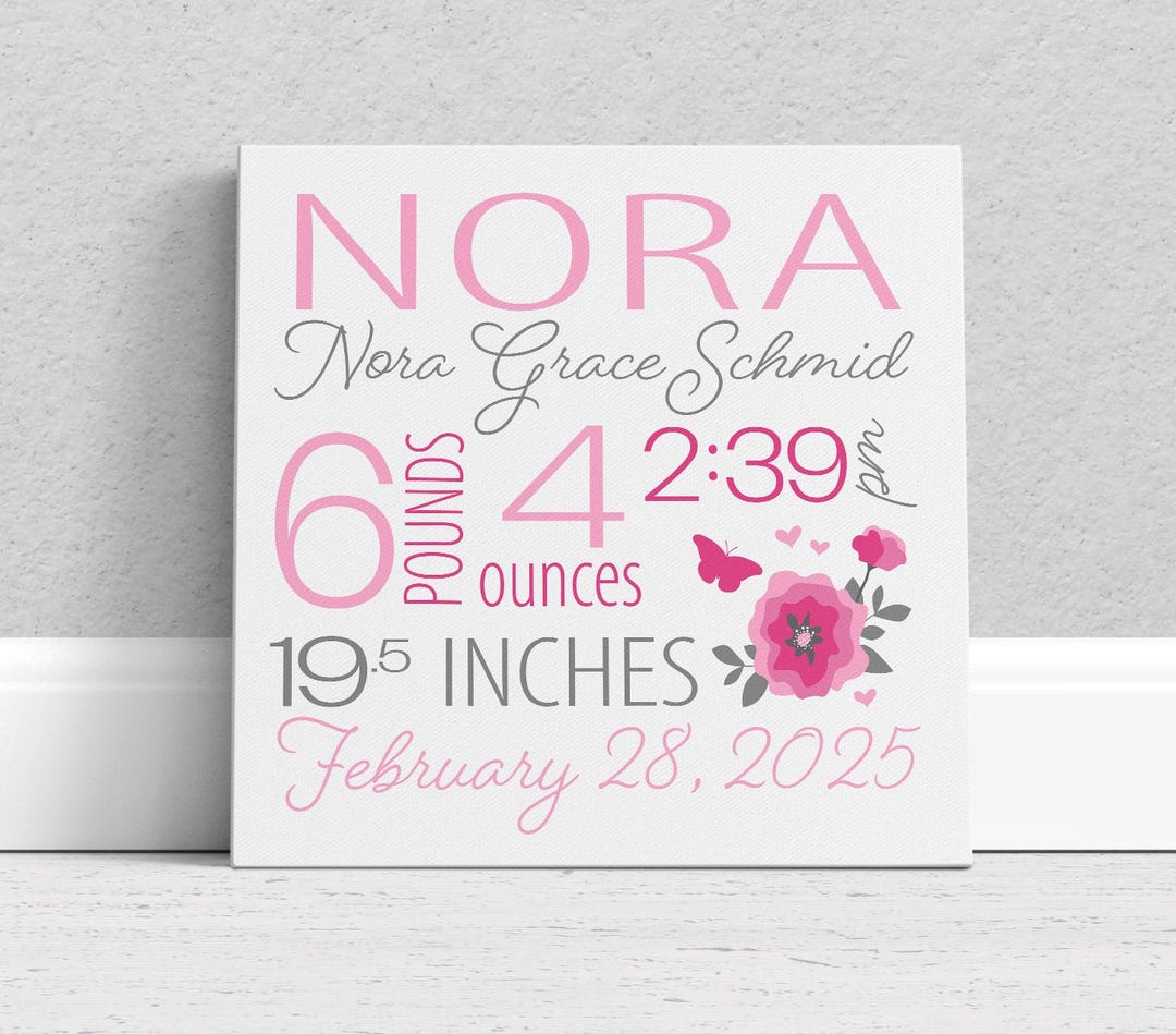 Pinkstats Signage Personalized Birth Stats Canvas: Pink Floral Nursery Art Sign - Etsy