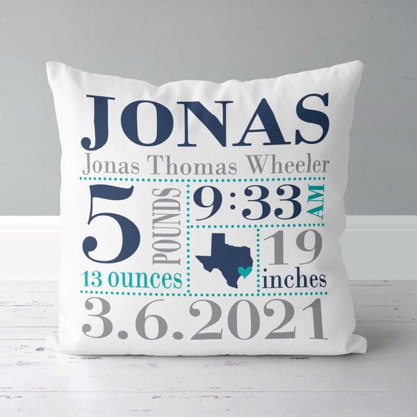 Boys Birth Announcement Pillow - Birth State Love - Boys Navy, Gray and Aqua