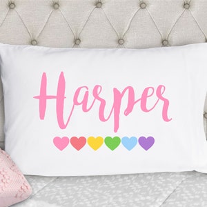 Personalized Pillowcase - Rainbow Pastel Hearts Girls Pillowcase - Kids Pillow Cases - Kids Pillowcase - Standard Size Pillow Case