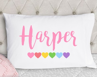 Personalized Pillowcase - Rainbow Pastel Hearts Girls Pillowcase - Kids Pillow Cases - Kids Pillowcase - Standard Size Pillow Case