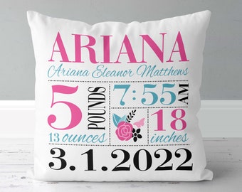 Girls Birth Announcement Pillow - Cotton - Floral in Hot Pink, Black and Aqua - Birth Stats Pillow - New Baby Gift - New Mom Gift