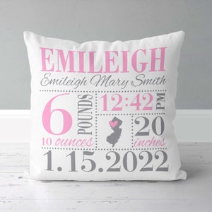 Girls Birth Announcement Pillow Birth Stats Pillow Birth State Baby Girl Gift Bubblegum Pink and Grey New Baby Gift image 1