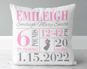 Girls Birth Announcement Pillow - Birth Stats Pillow - Birth State - Baby Girl Gift - Bubblegum Pink and Grey - New Baby Gift