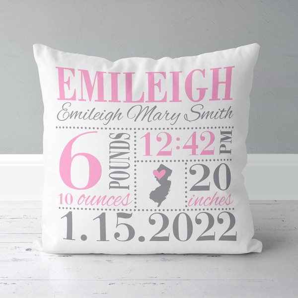 Girls Birth Announcement Pillow - Birth Stats Pillow - Birth State - Baby Girl Gift - Bubblegum Pink and Grey - New Baby Gift