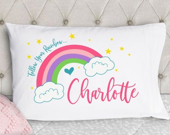 Personalized Pillowcase - Follow Your Rainbow Girls Pillowcase - Kids Pillow Cases - Kids Pillowcase - Standard Size Pillow Case