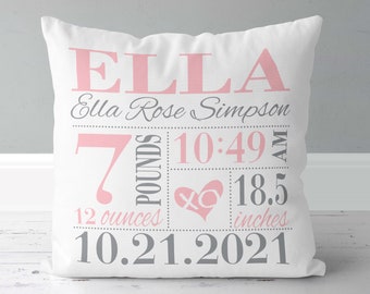 Girls Birth Announcement Pillow in Baby Pink and Grey with XO Heart - personalized new baby gift - nursery pillow