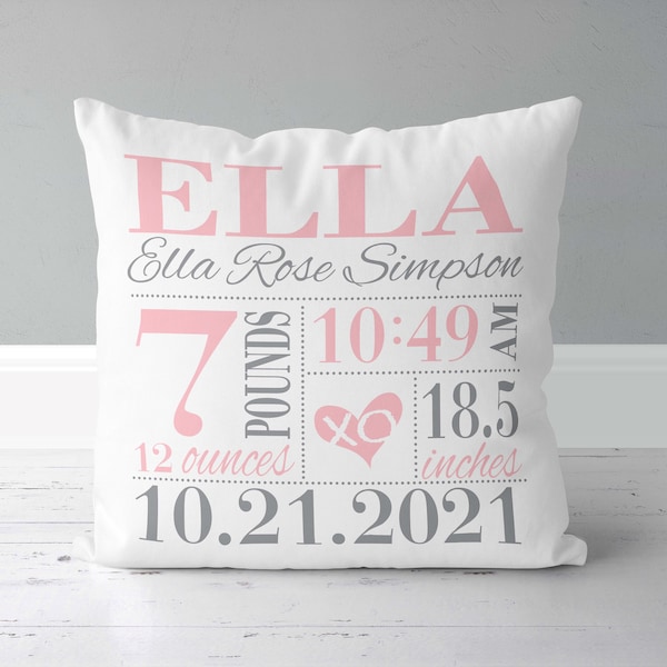 Girls Birth Announcement Pillow in Baby Pink and Grey with XO Heart - personalized new baby gift - nursery pillow