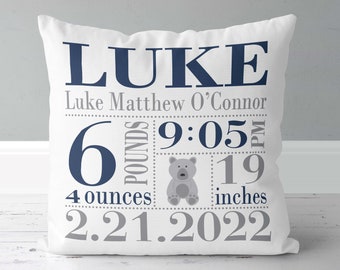 Boys Birth Announcement Pillow with Bear in Navy and Grey - New Baby Birth Stats Pillow