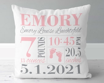 New Baby Gift - Personalized - Girls Birth Announcement Pillow - Blush Pink Footprints - Nursery Pillow - New Baby Gift - Cotton